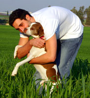 Man Holding Brown and White Dog